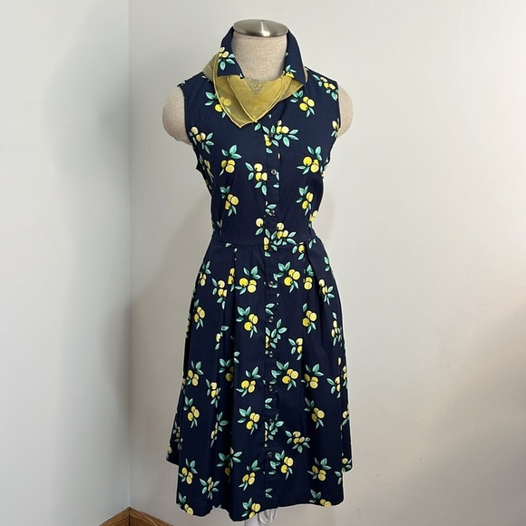 Charter Club Women's Blue Shirt Dress Size 6 Lemon Novelty Print Rockabilly - Picture 5 of 15